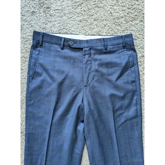 Zanella Dress Pants Mens 33 Blue-401 Plaid Wool TODD 111184 Flat Front Business - Picture 4 of 10